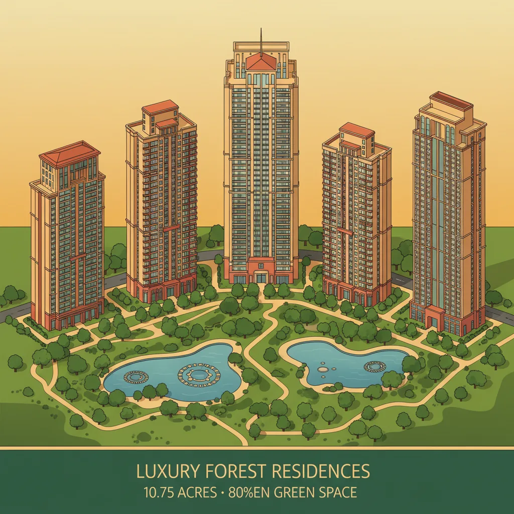 2 BHK Apartments in Brigade Golden Heights - Modern luxury high-rise residential towers in a forest-themed Spanish-inspired architectural style with lush green landscaped gardens