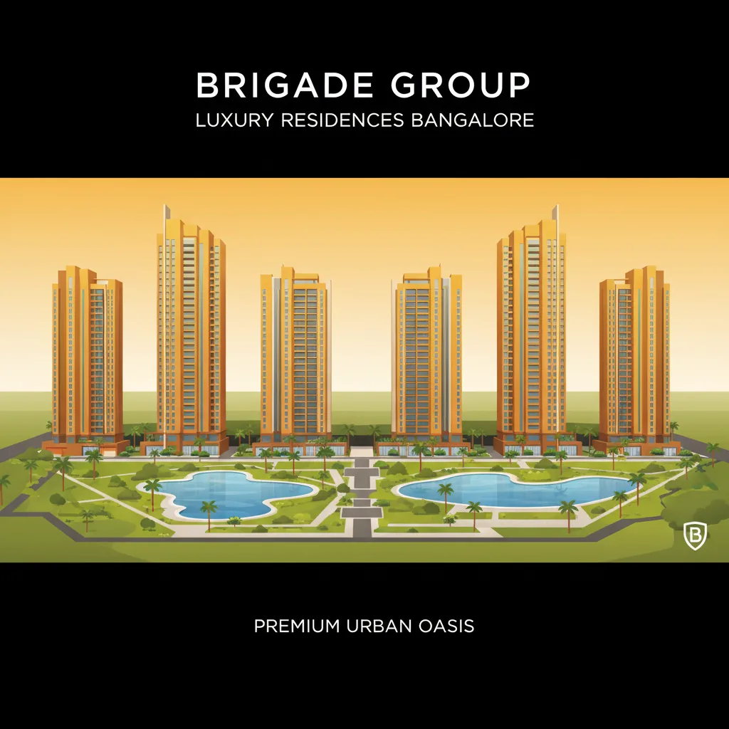 Modern luxury residential high-rise towers in Bangalore at sunset, aerial view of Brigade Group property with lush green landscaping, swimming pools, and contemporary architecture