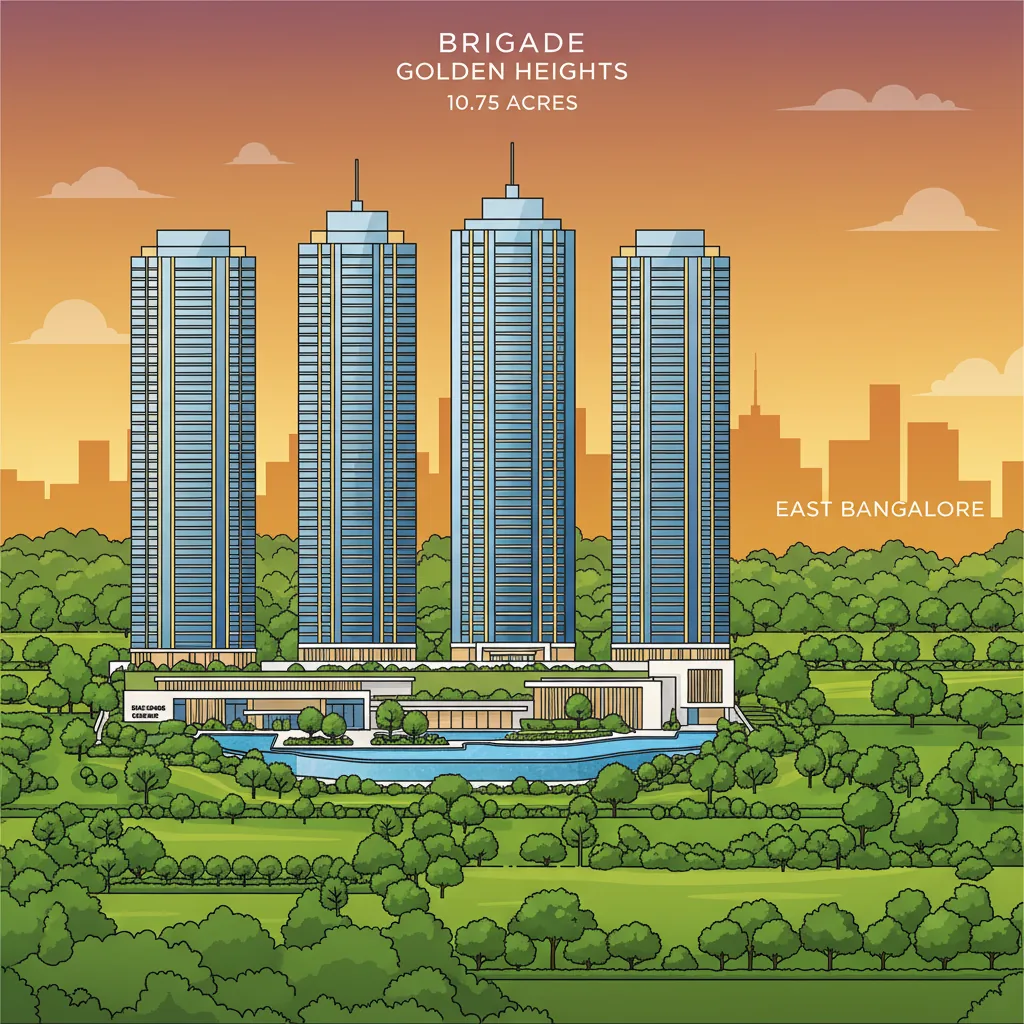 Modern architectural infographic of Brigade Golden Heights residential towers in Bangalore - five sleek 43-floor glass skyscrapers with landscaped gardens and infinity pool