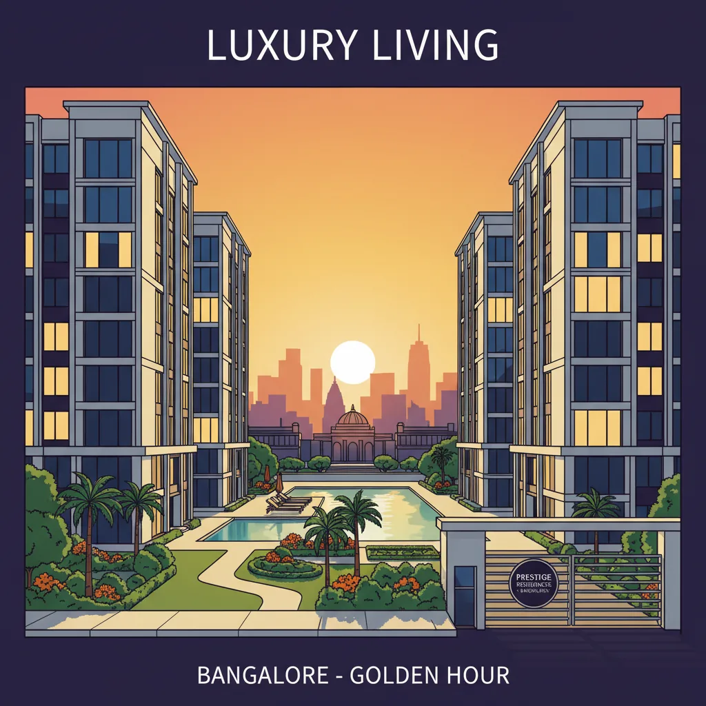 Modern luxury high-rise residential apartment towers in Bangalore at golden hour with glass architecture and lush gardens