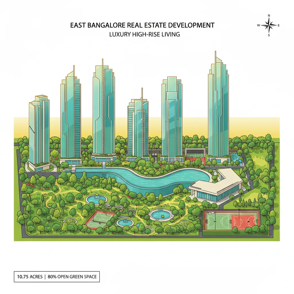 Modern luxury high-rise residential towers surrounded by lush green forest-themed landscape gardens at Brigade Golden Heights - aerial view of premium township with infinity pool and clubhouse amenities in East Bangalore