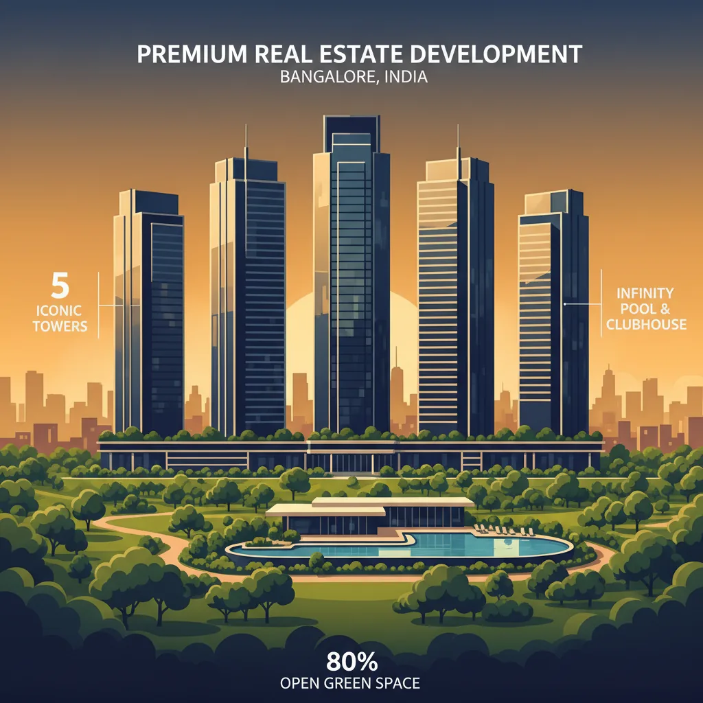 Modern luxury high-rise residential towers at sunset with lush green landscaped gardens, Brigade Group premium real estate development in Bangalore