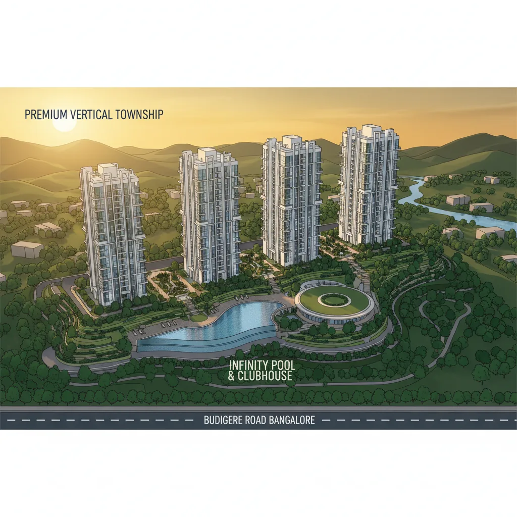 Aerial view of Brigade Golden Heights luxury residential towers with landscaped gardens, infinity pool and clubhouse at Budigere Road