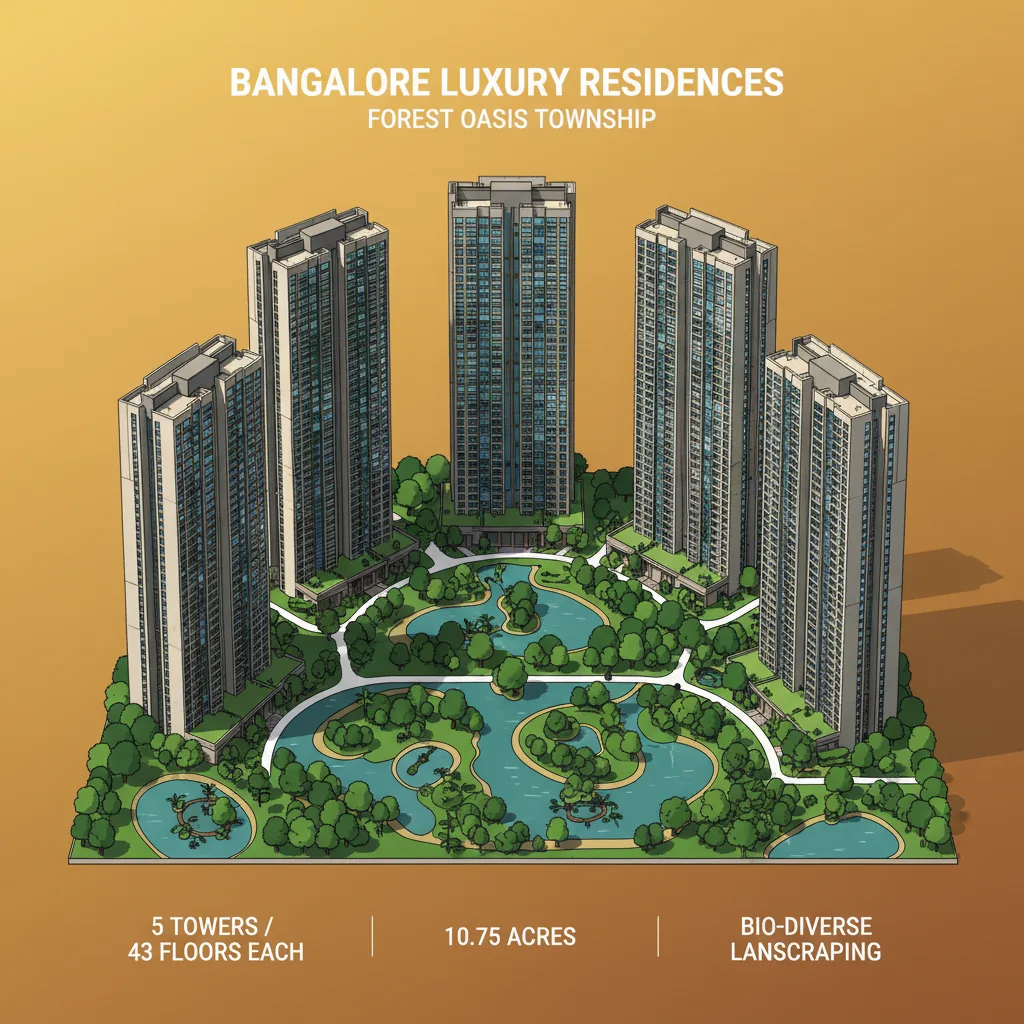 Modern luxury high-rise residential towers at Brigade Golden Heights forest-themed township in Bangalore with 5 towers of 43 floors surrounded by green landscaping