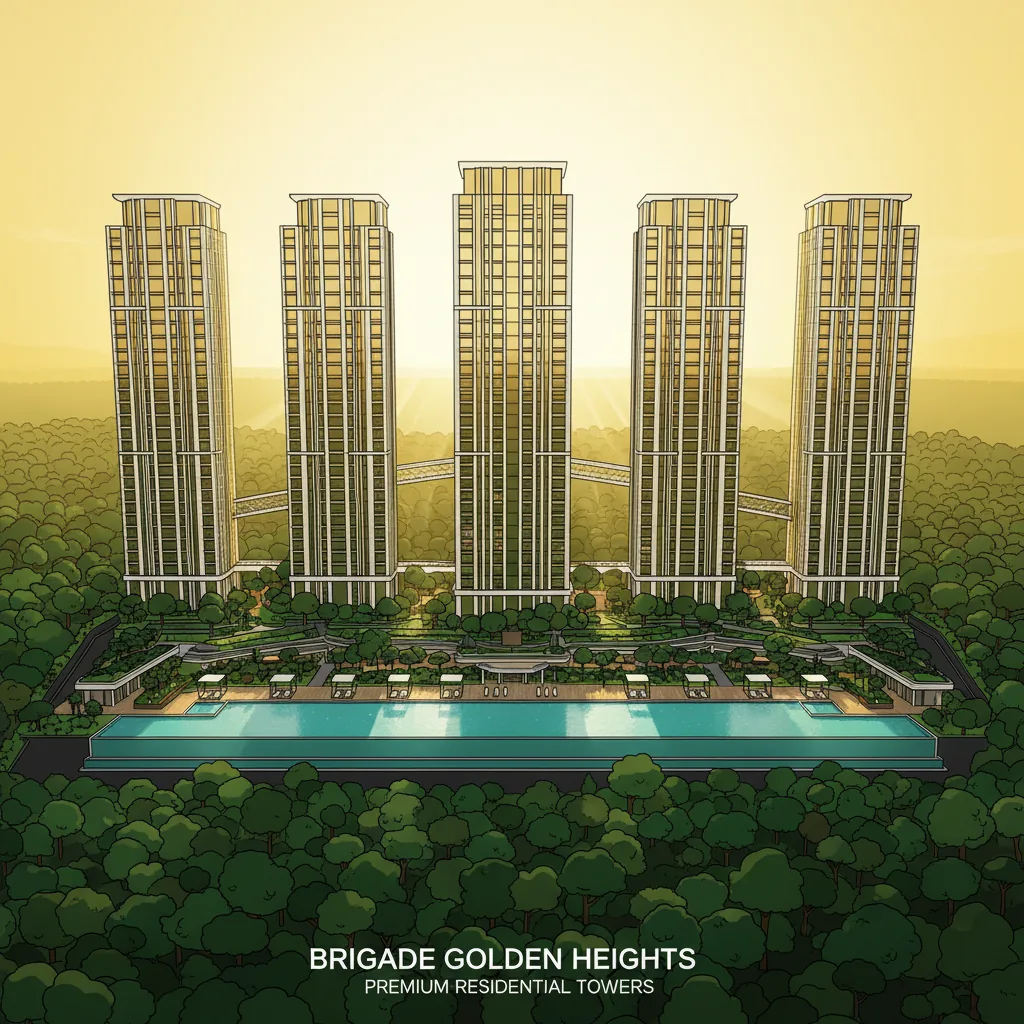 Aerial view of Brigade Golden Heights luxury forest-themed residential township with 5 towers, landscaped gardens, and infinity pool at Budigere Road