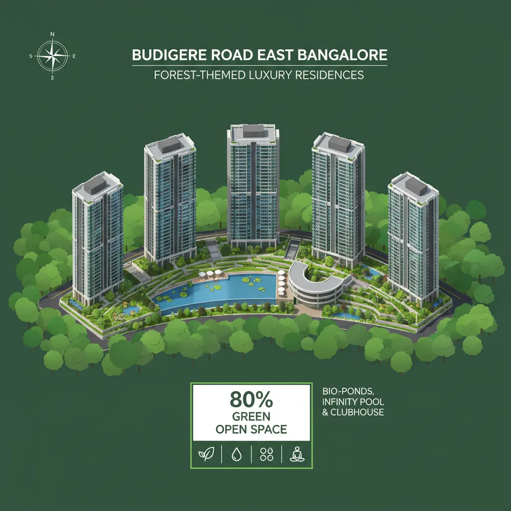 Modern luxury high-rise residential towers at Brigade Golden Heights in Budigere Road with forest-themed landscape gardens