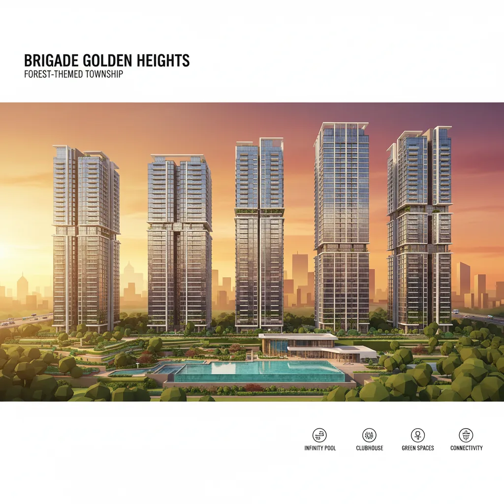 Modern luxury high-rise residential towers at Brigade Golden Heights, a forest-themed township on Old Madras Road