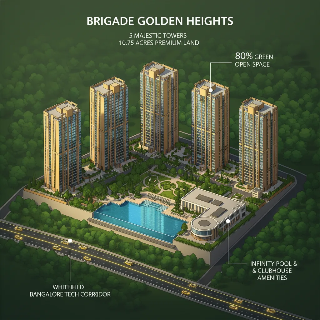 Modern luxury high-rise residential towers at Brigade Golden Heights surrounded by lush green forest landscape near Whitefield