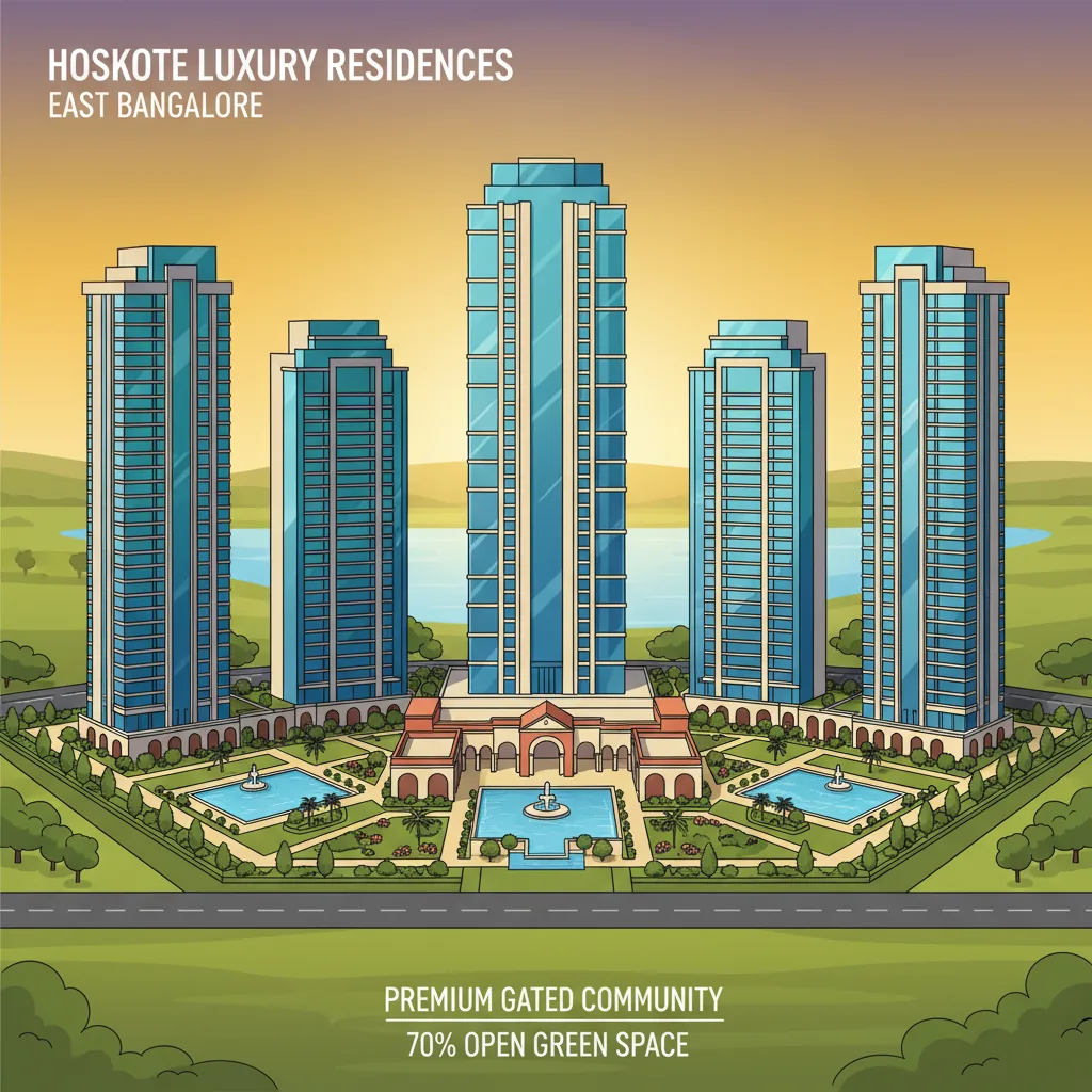 Modern luxury high-rise residential towers with lake views at Brigade Golden Heights in Hoskote, East Bangalore