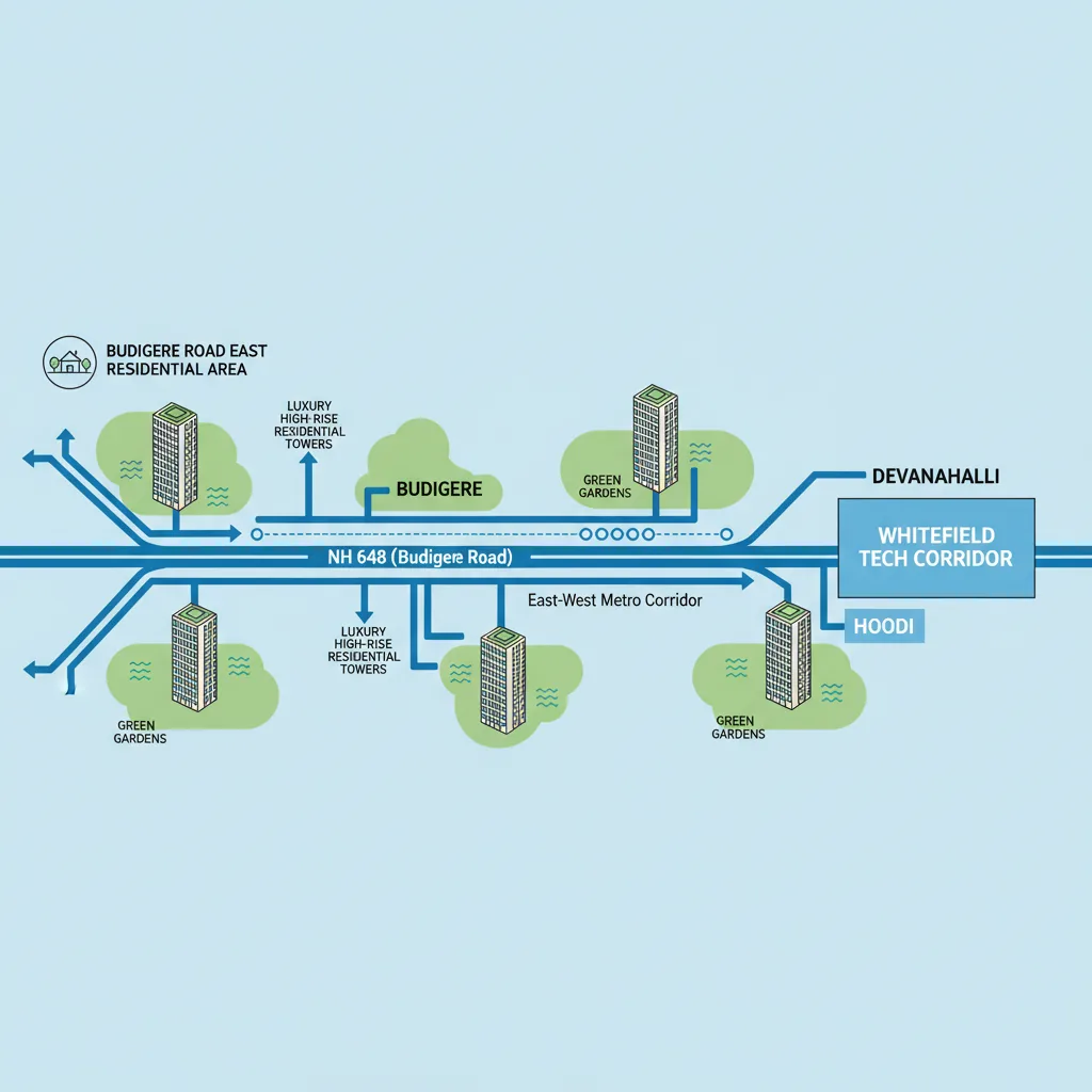 Modern infographic style illustration of Budigere Road East Bangalore residential area showing connected highway network, metro line, surrounding neighborhoods like Whitefield Tech Corridor, and luxury high-rise residential towers with green gardens