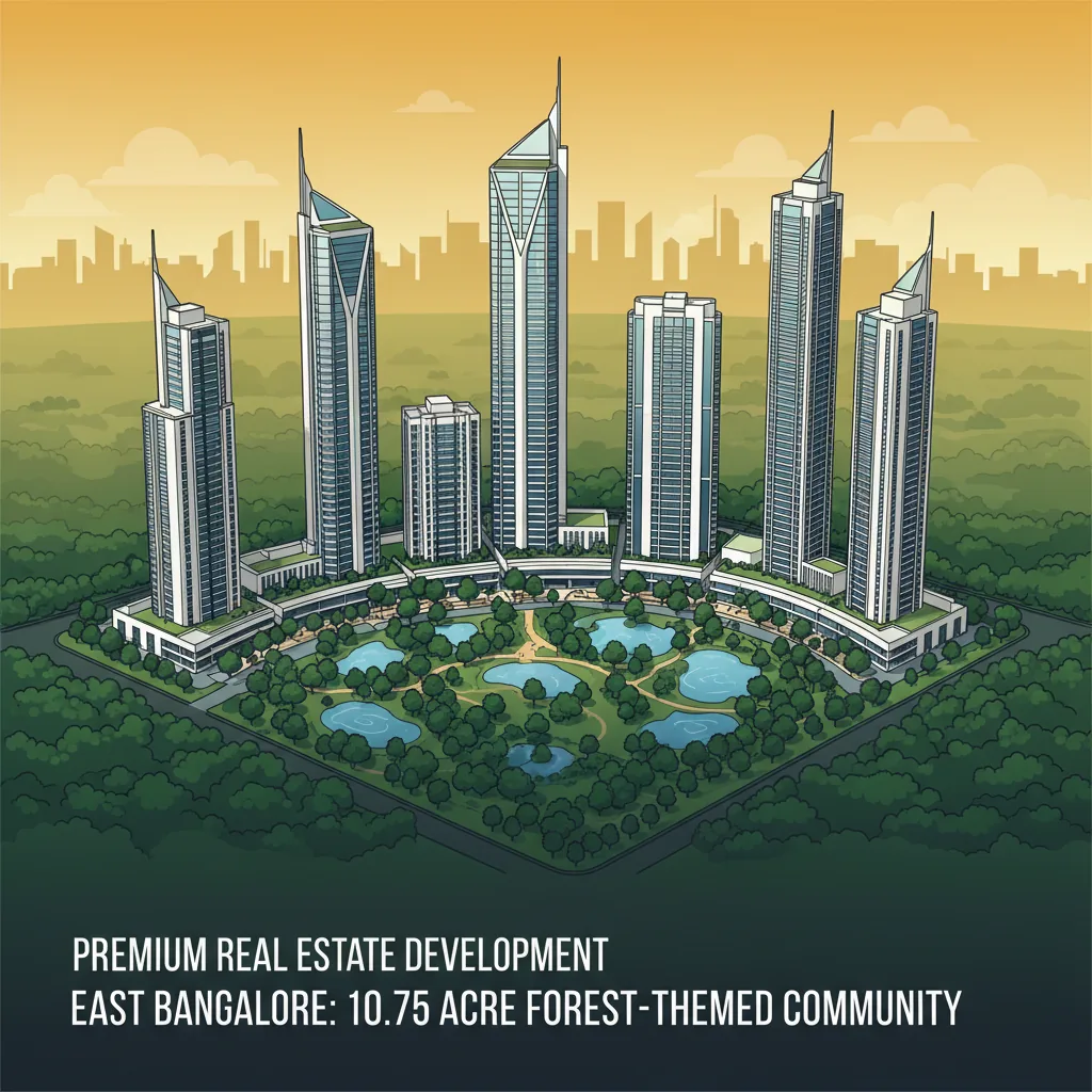 Modern luxury residential high-rise towers surrounded by lush green forest landscape at Brigade Golden Heights, East Bangalore
