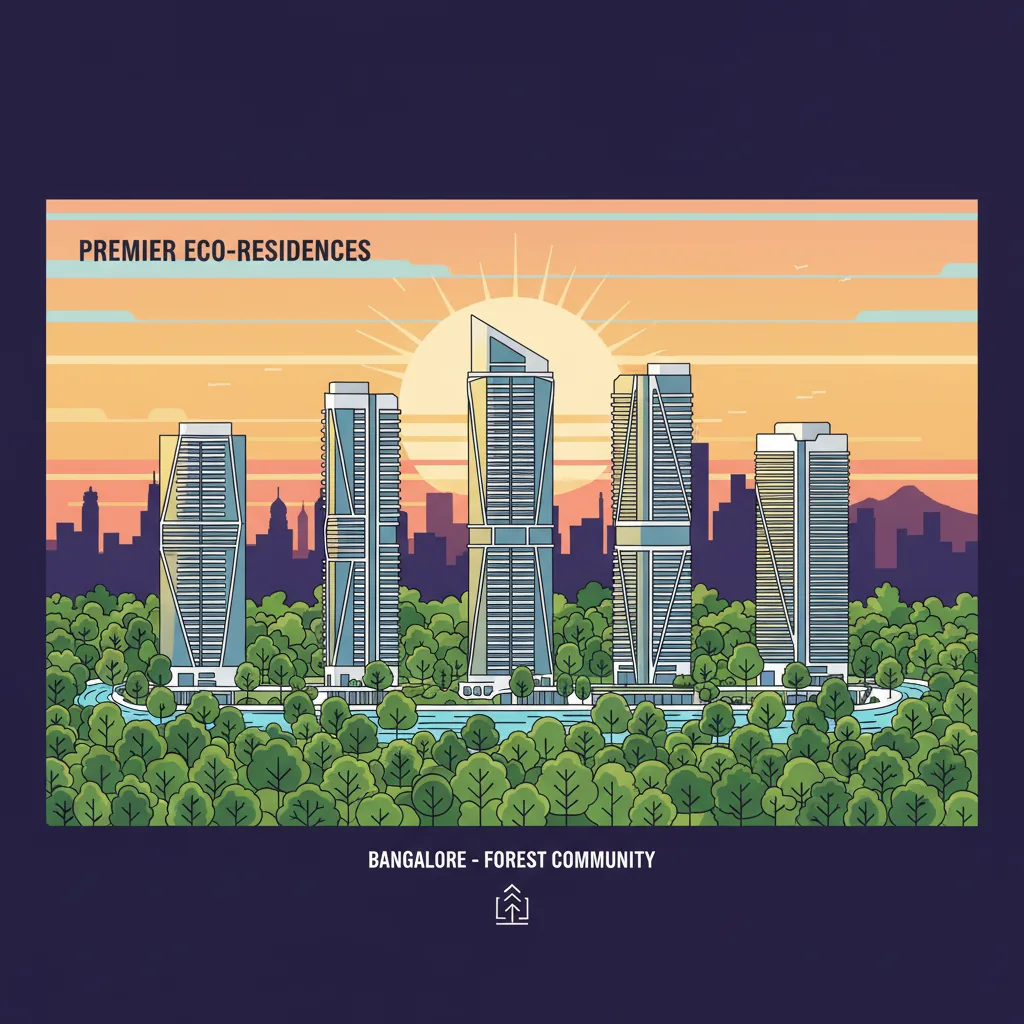 Modern luxury high-rise residential towers at sunset with forest landscape - Brigade Golden Heights luxury apartments in Bangalore