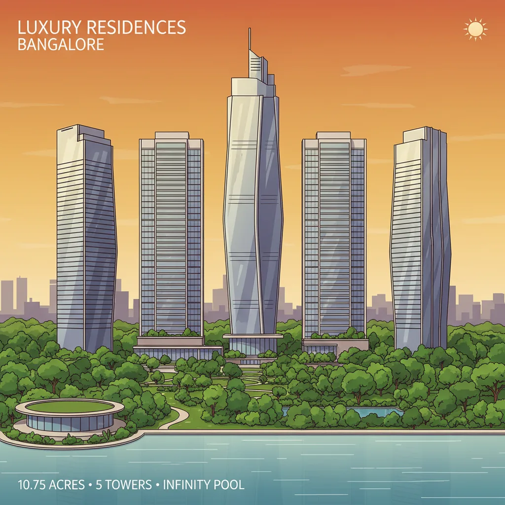 Modern luxury residential high-rise towers at sunset with forest-themed landscape gardens and infinity pool at Brigade Golden Heights in Budigere Road