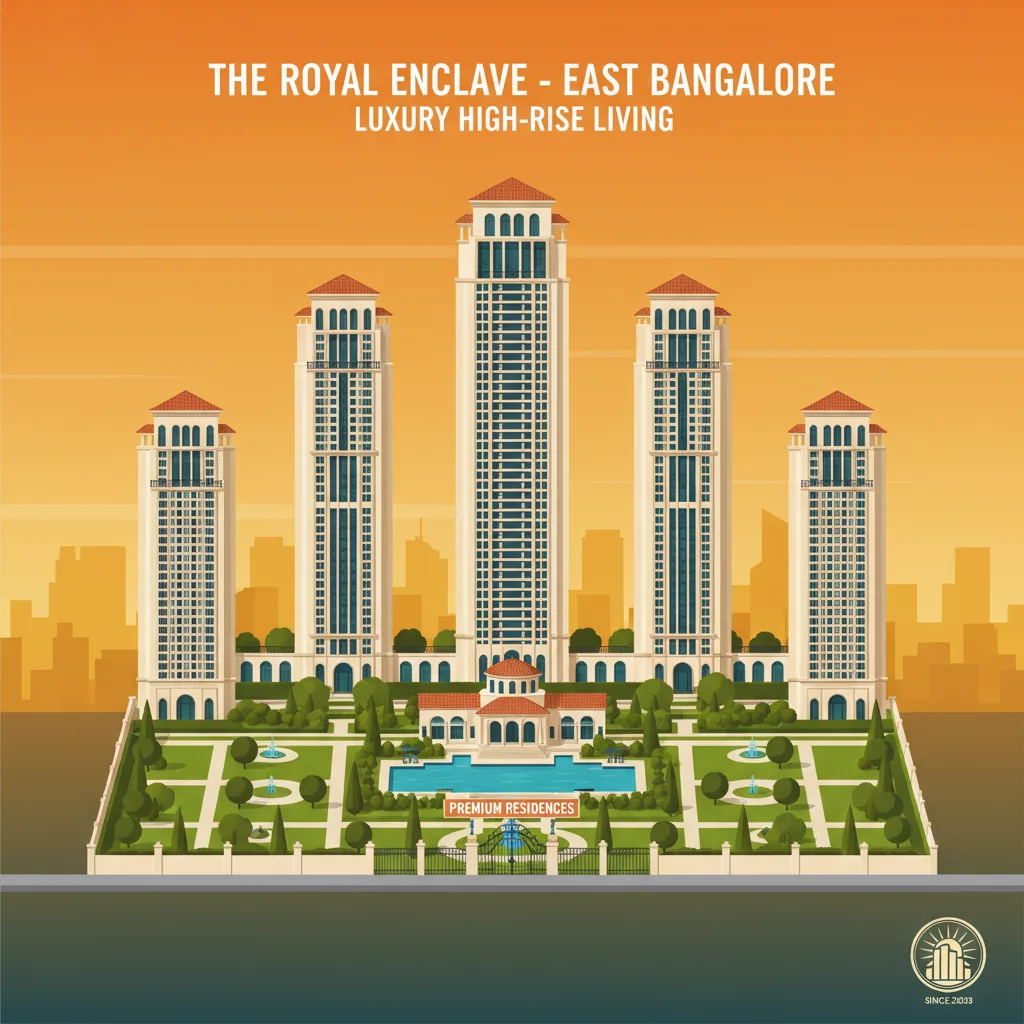 Best Apartment in East Bangalore - Modern luxury high-rise residential towers at sunset with Spanish architectural influences and landscaped gardens