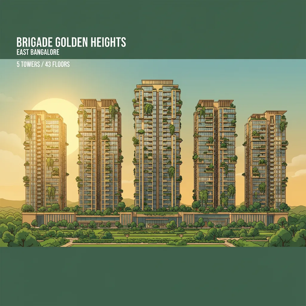 Best Apartments for Sale in East Bangalore - Modern luxury high-rise residential towers at Brigade Golden Heights with forest-themed architecture