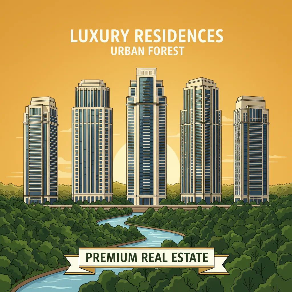 Modern luxury high-rise residential towers at sunset, 5 elegant skyscrapers surrounded by lush green forest landscape, premium real estate development with clean architectural lines