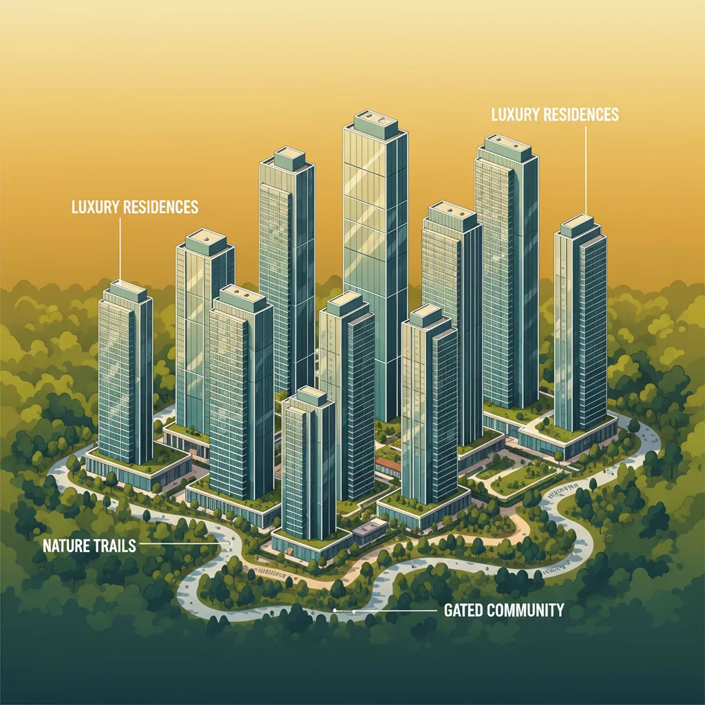 Aerial view of Brigade Golden Heights luxury high-rise towers surrounded by lush green forest landscape