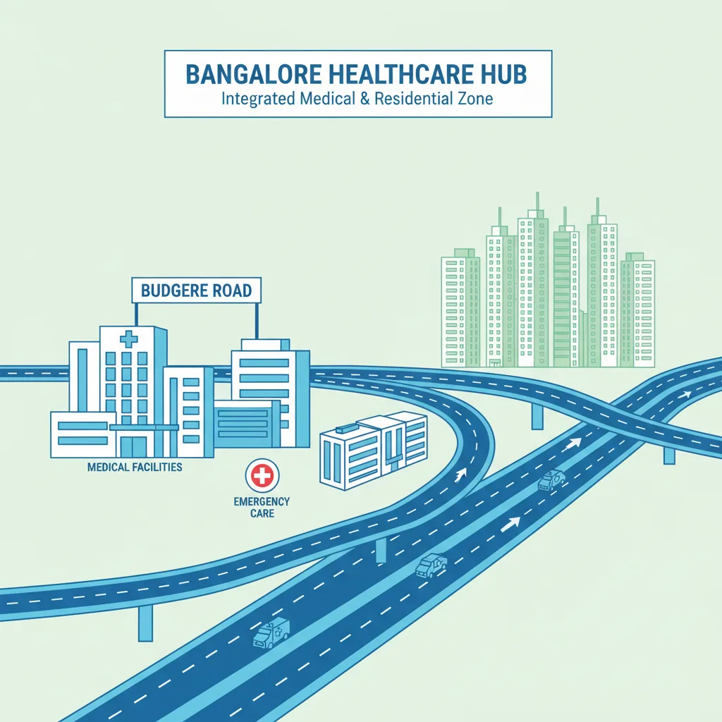 Modern healthcare infographic showing hospital buildings and medical facilities near Budigere Road Bangalore