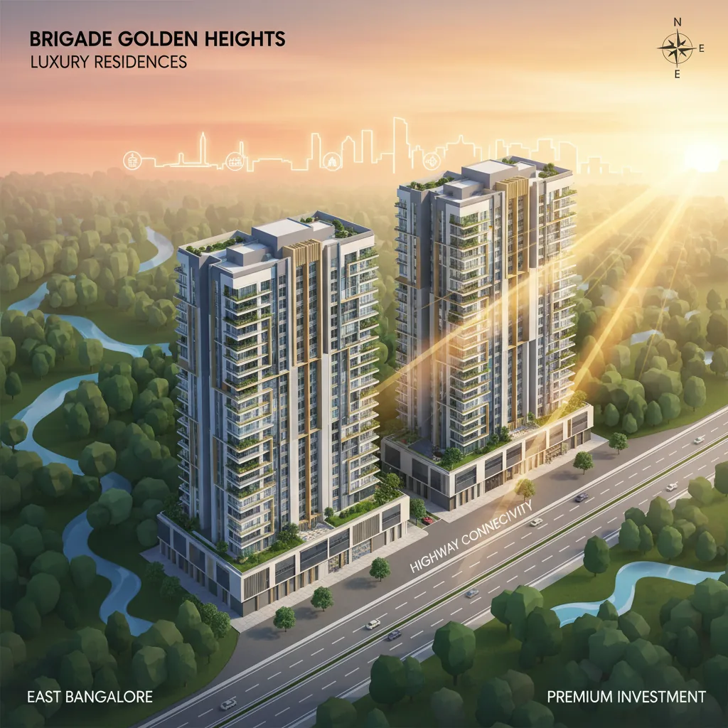 Aerial view of Brigade Golden Heights luxury residential towers in forest-themed landscape at Budigere Cross, East Bangalore - best investment property 2026