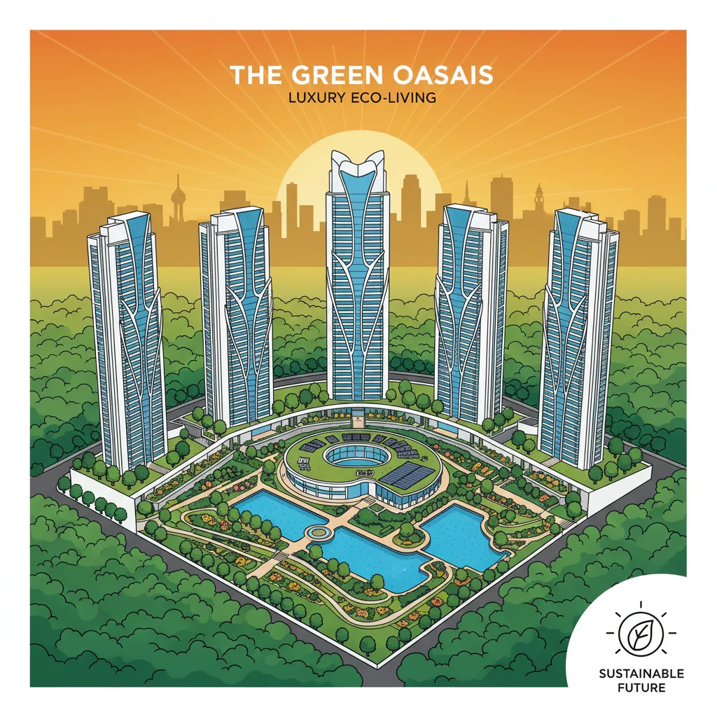 Aerial view of Brigade Golden Heights luxury residential township with five elegant skyscraper towers surrounded by lush green forest landscape, Bangalore city skyline in background.