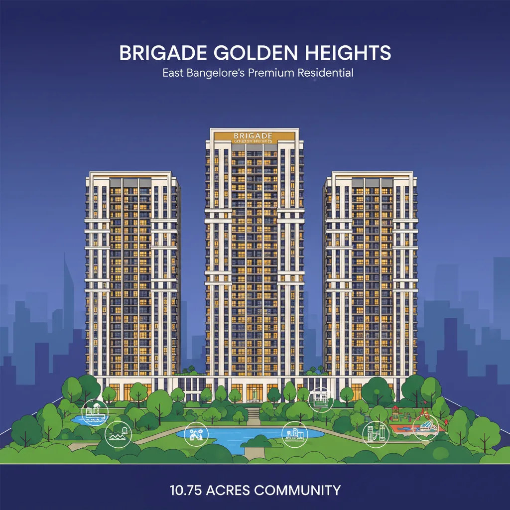 Modern luxury high-rise residential apartment towers at Brigade Golden Heights in East Bangalore at dusk