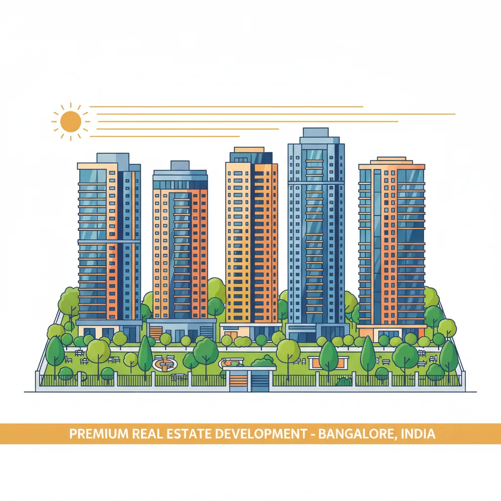 Modern luxury residential apartment towers at Brigade Golden Heights, the biggest township in Bidarahalli Hobli with lush green gardens and high-rise buildings