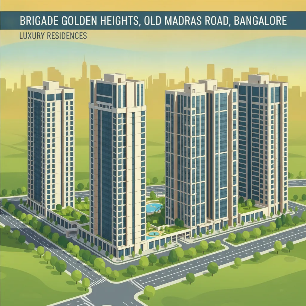 Modern luxury residential high-rise apartment complex at Brigade Golden Heights on Old Madras Road, Bangalore, featuring multiple glass and concrete towers with green landscaping