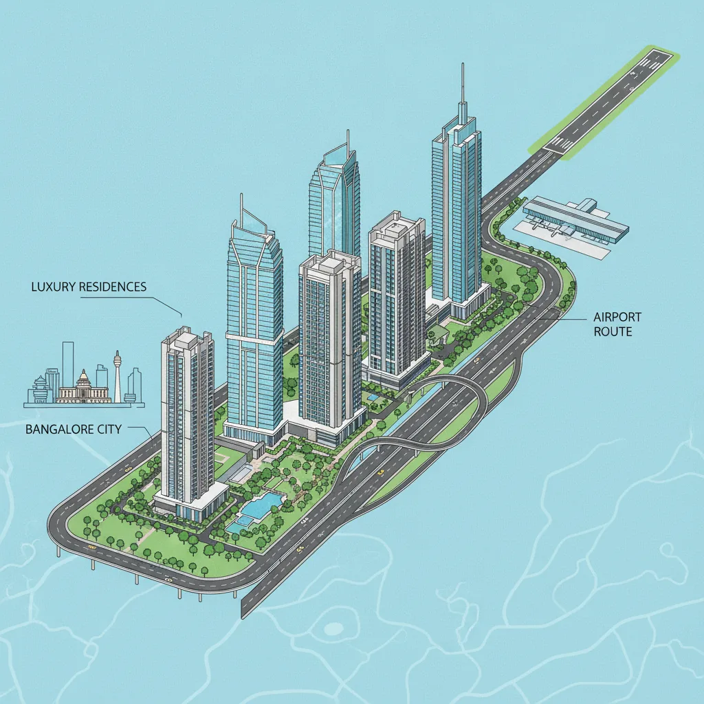 Brigade Golden Heights luxury residential apartments aerial view with airport connection route infographic