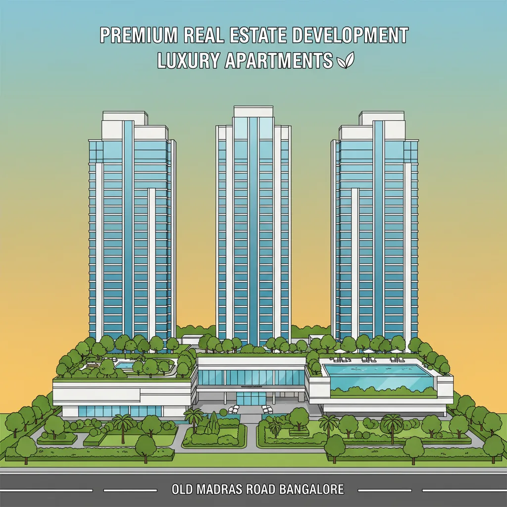 Modern luxury high-rise residential apartment building Brigade Golden Heights with elegant glass facade, lush green landscape, podium garden and rooftop swimming pool