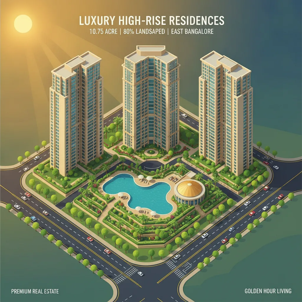 Brigade Golden Heights - Modern luxury high-rise residential apartment towers at sunset, aerial view of a green community in East Bangalore