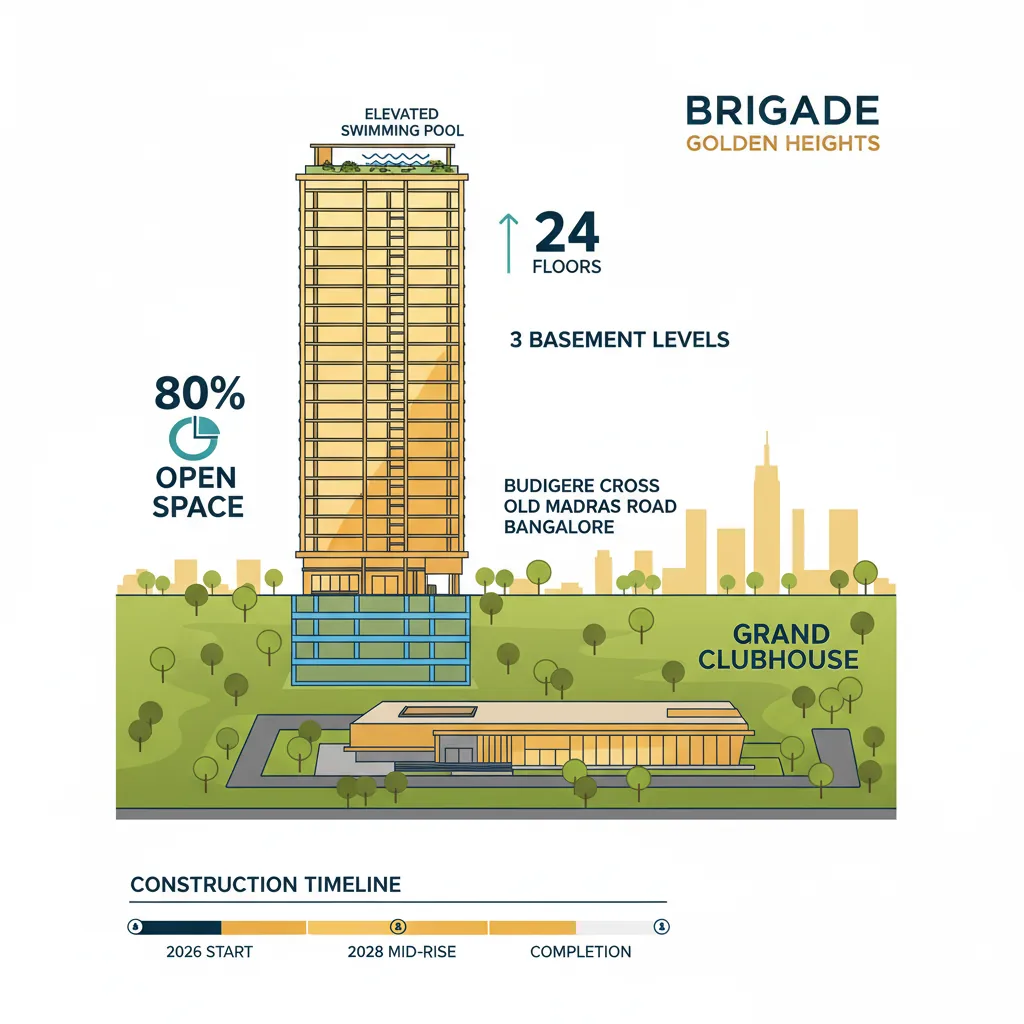 Brigade Golden Heights luxury residential towers architectural visualization showing 24 floors with 3 basement levels, construction timeline 2026-2031, and premium amenities