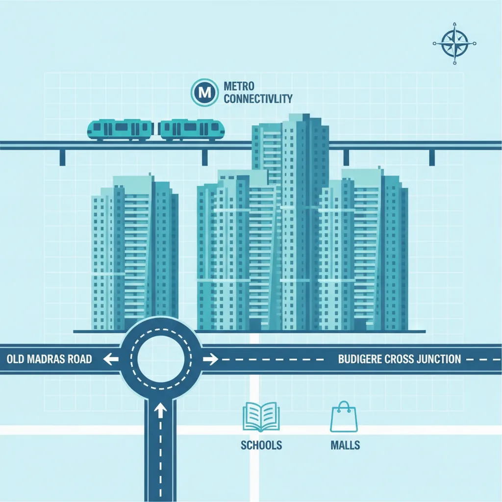 Brigade Golden Heights residential apartment complex with directional signage showing routes from Old Madras Road and Budigere Cross junction