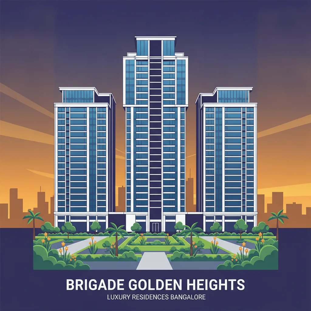 Brigade Golden Heights luxury residential high-rise towers at dusk with landscaped gardens, showcasing premium real estate investment opportunity in Bangalore