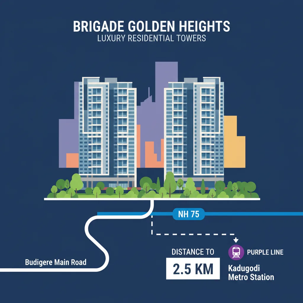 Brigade Golden Heights to Kadugodi Metro Station distance infographic showing routes and Purple Line metro