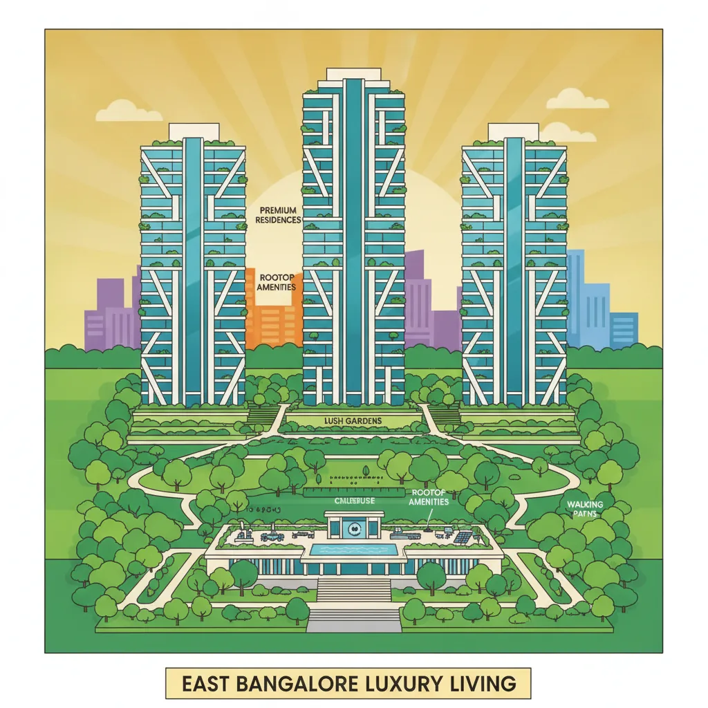 Brigade Golden Heights Latest Photos - Modern luxury high-rise residential apartment complex with landscaped gardens and East Bangalore skyline