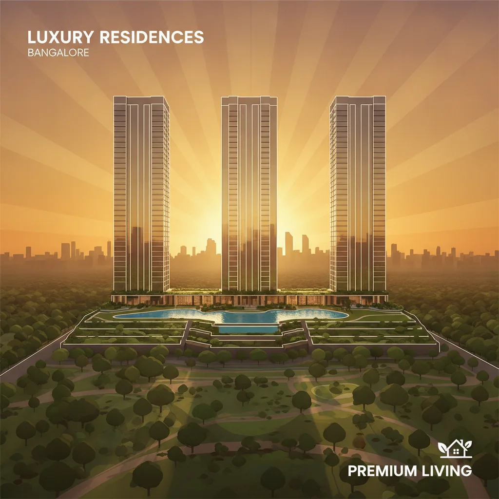 Modern luxury residential apartment complex aerial view at sunset, Brigade Golden Heights