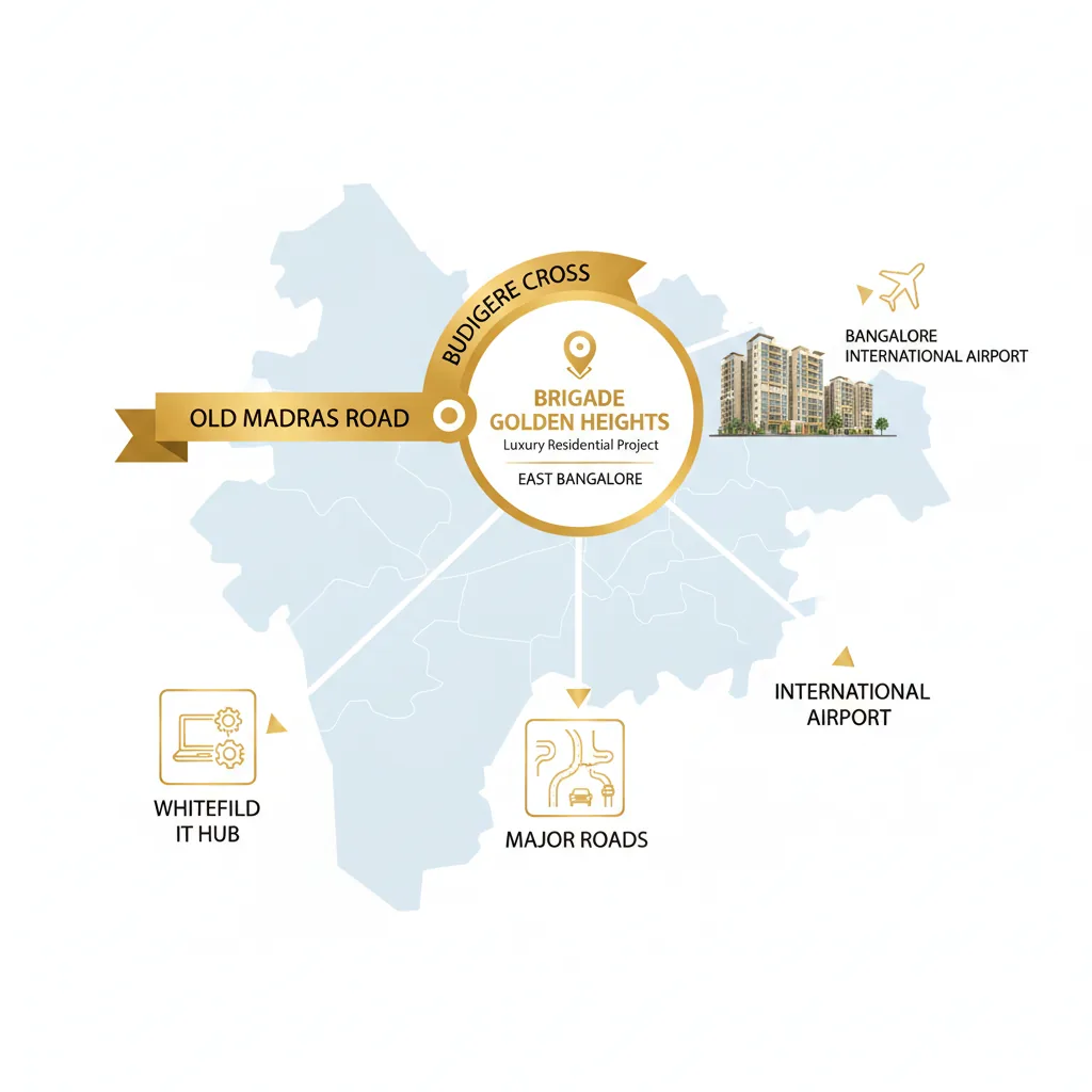 Brigade Golden Heights location map showing connectivity to Whitefield IT hub and Bangalore International Airport