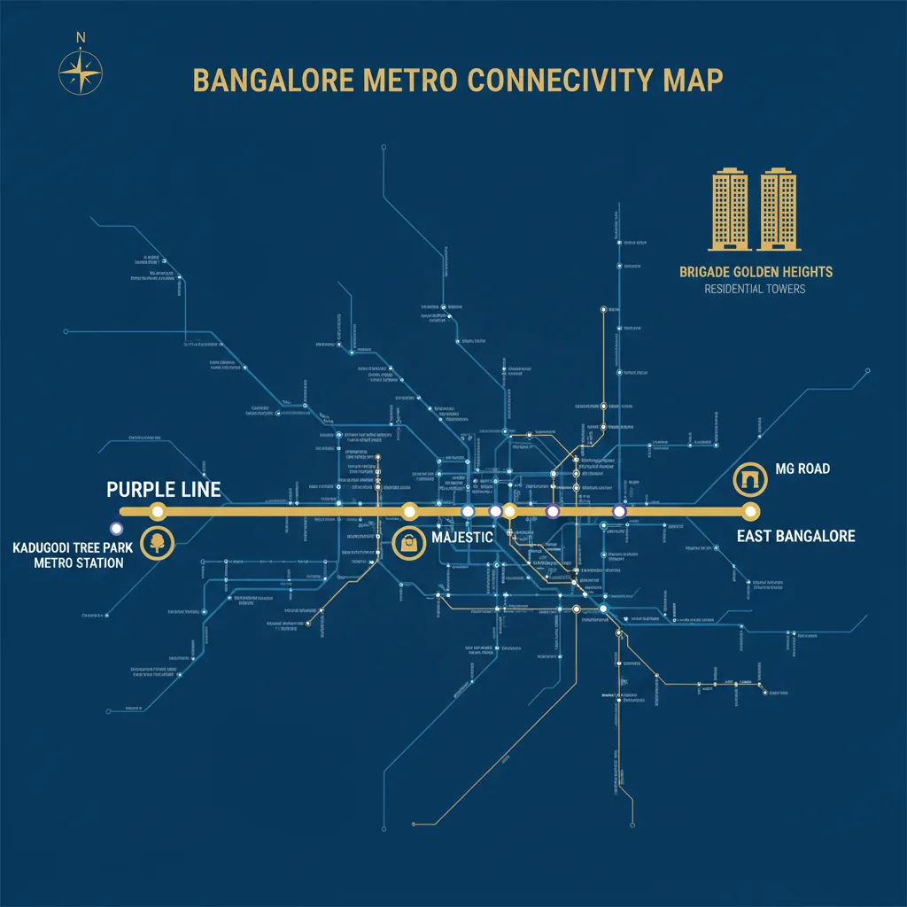 Brigade Golden Heights metro connectivity map showing Purple Line route to Kadugodi Tree Park Station