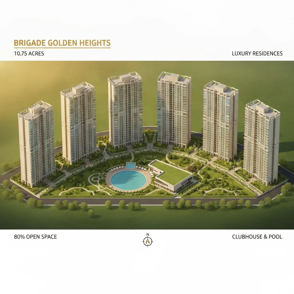 Brigade Golden Heights Model Apartment aerial view of luxury residential towers with landscaped gardens
