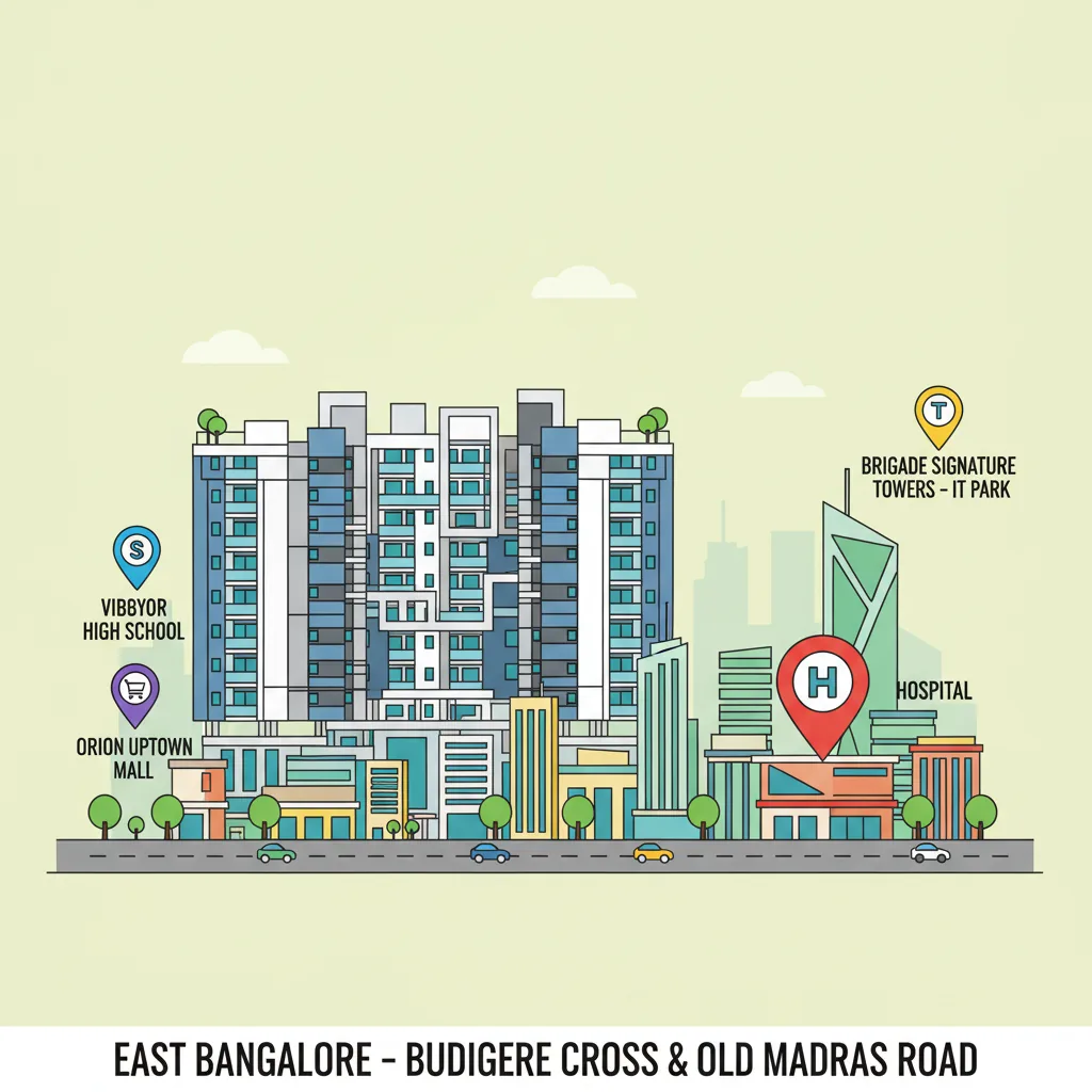 Brigade Golden Heights nearby landmarks infographic showing IT parks, schools, hospitals and shopping malls in East Bangalore