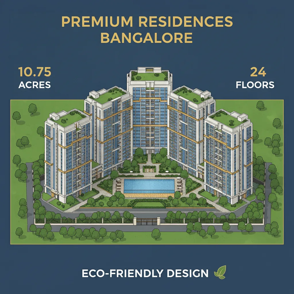 Modern luxury high-rise residential apartment complex at Brigade Golden Heights - aerial view of golden-accented towers with rooftop gardens and swimming pool