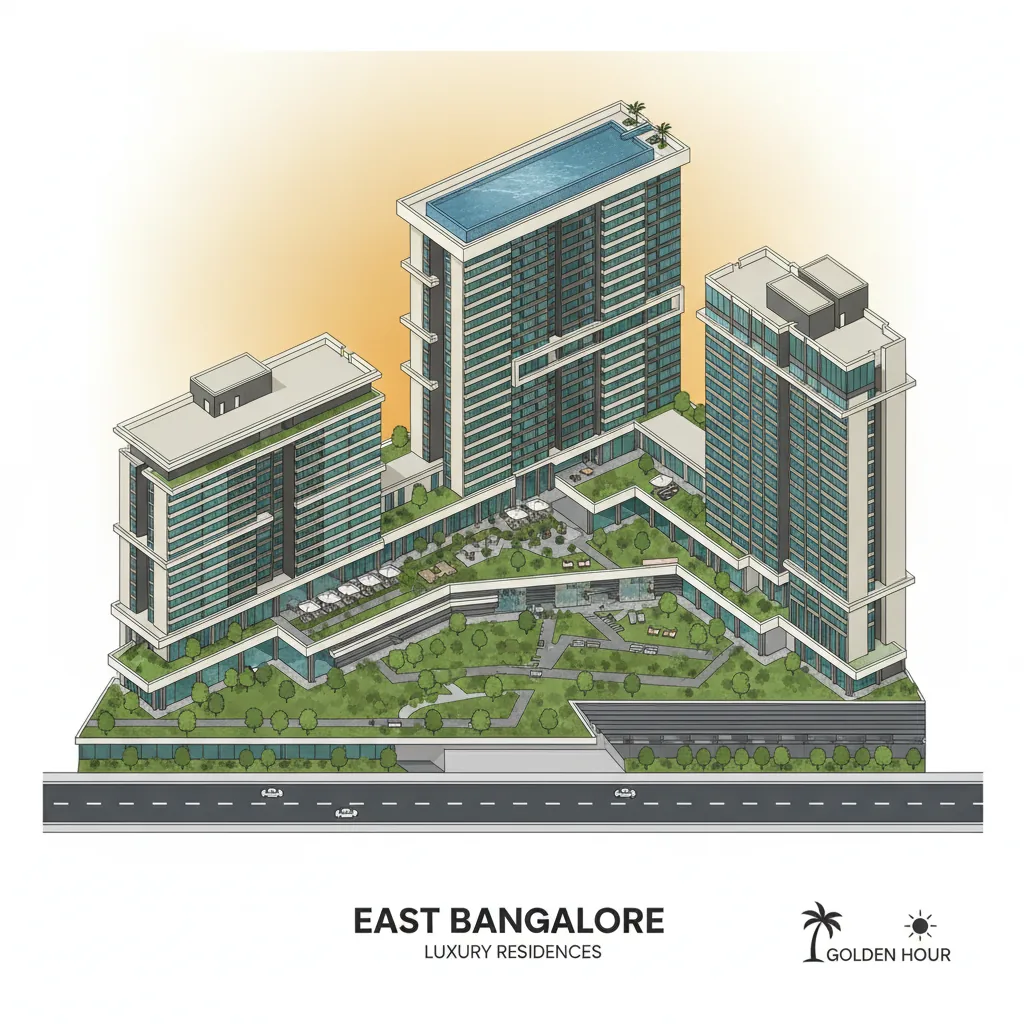Modern luxury residential apartment towers with rooftop swimming pool and green podium gardens at Brigade Golden Heights, East Bangalore