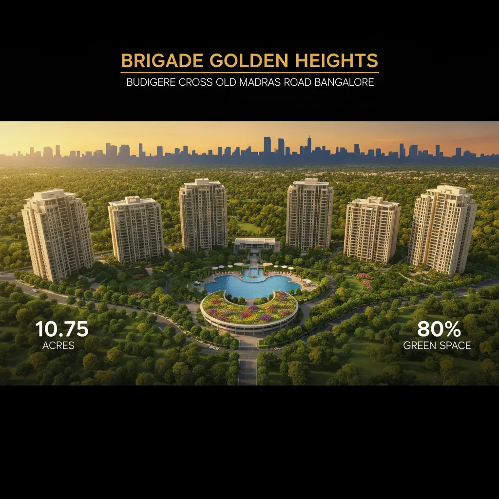 Brigade Golden Heights - Aerial view of luxury residential high-rise apartment complex at Budigere Cross, Old Madras Road, Bangalore with lush green gardens and modern architecture