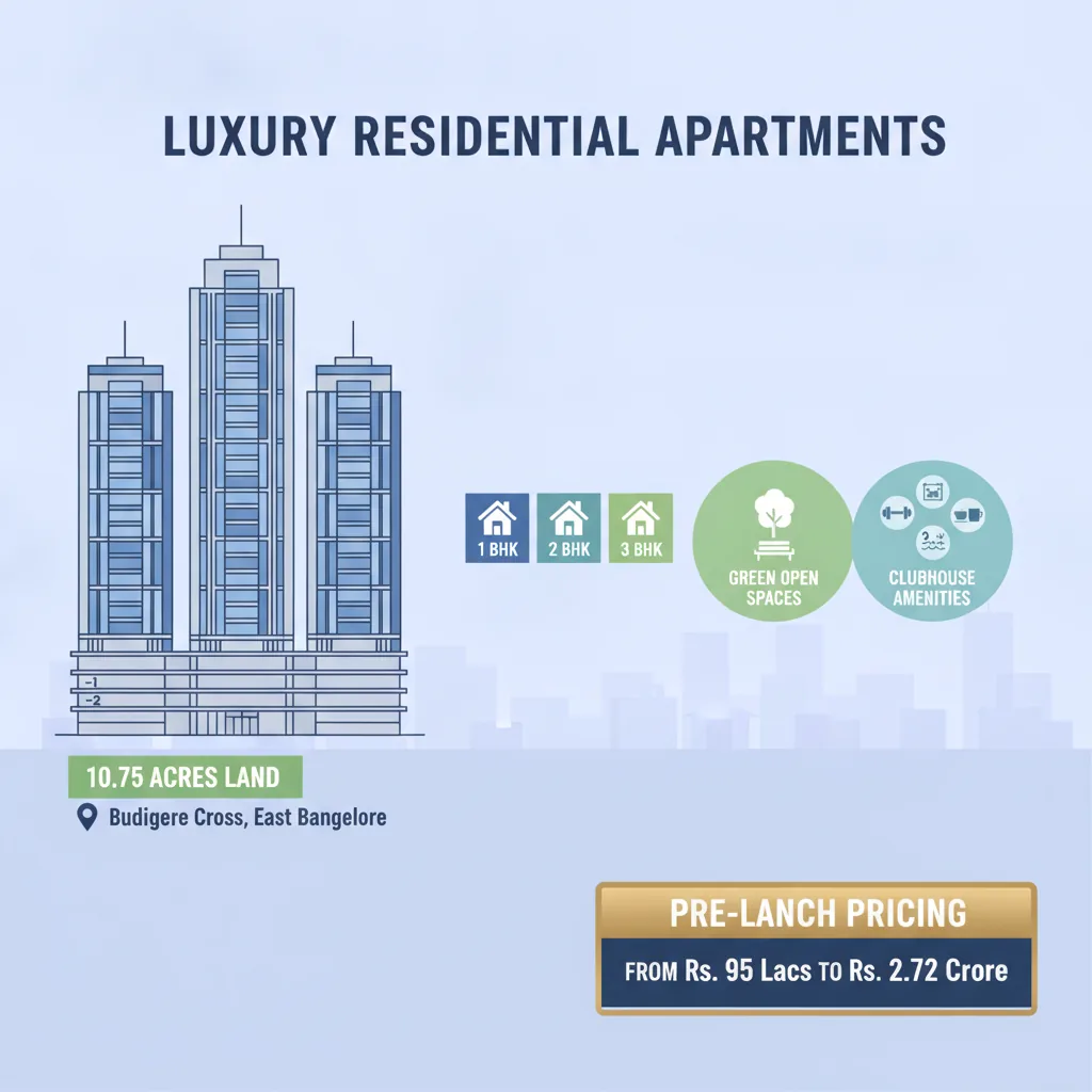 Brigade Golden Heights pre launch price infographic showing luxury residential apartment towers at Budigere Cross, East Bangalore with pricing from Rs. 95 Lacs to Rs. 2.72 Crore