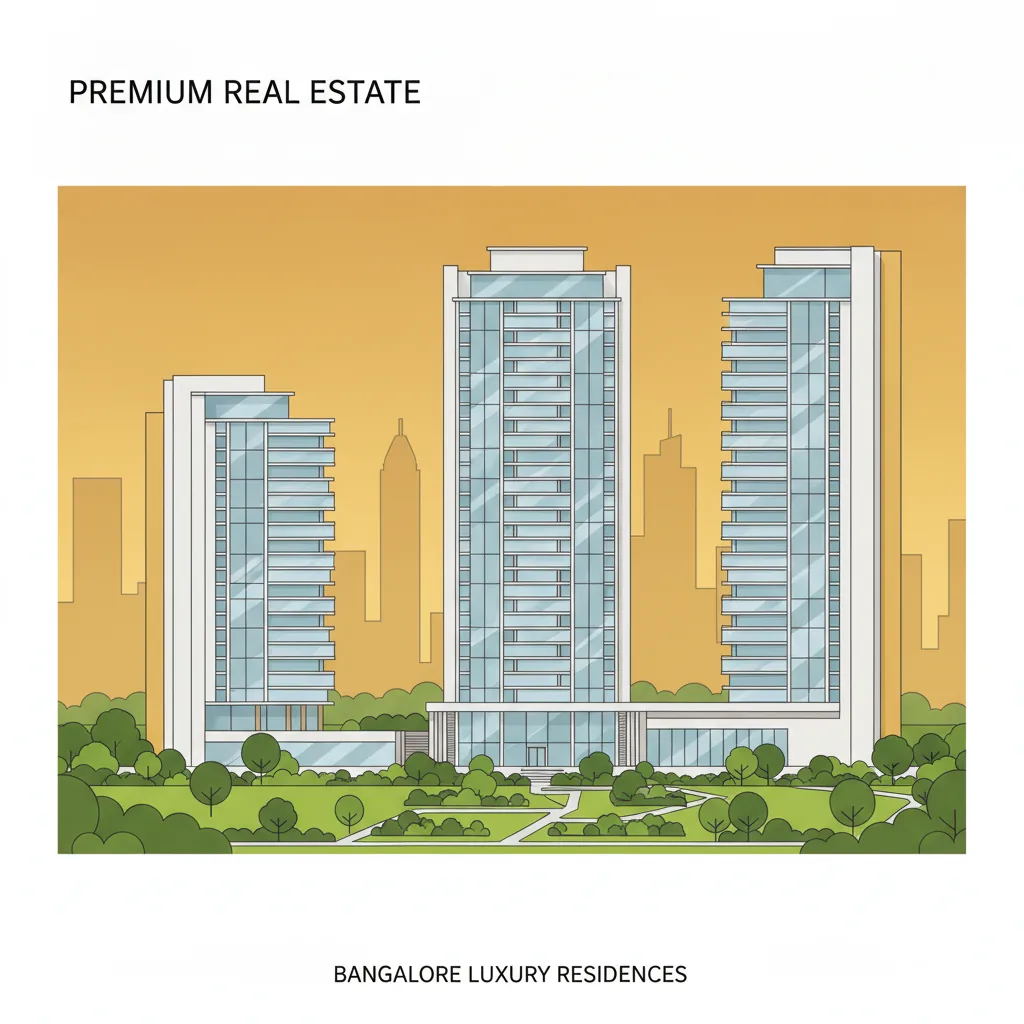Modern luxury high-rise residential apartment towers at golden hour, contemporary architecture with glass balconies, lush green landscaped gardens and parks in foreground, Bangalore city skyline in background, premium real estate development, warm golden lighting, professional architectural visualization style, clean and elegant composition