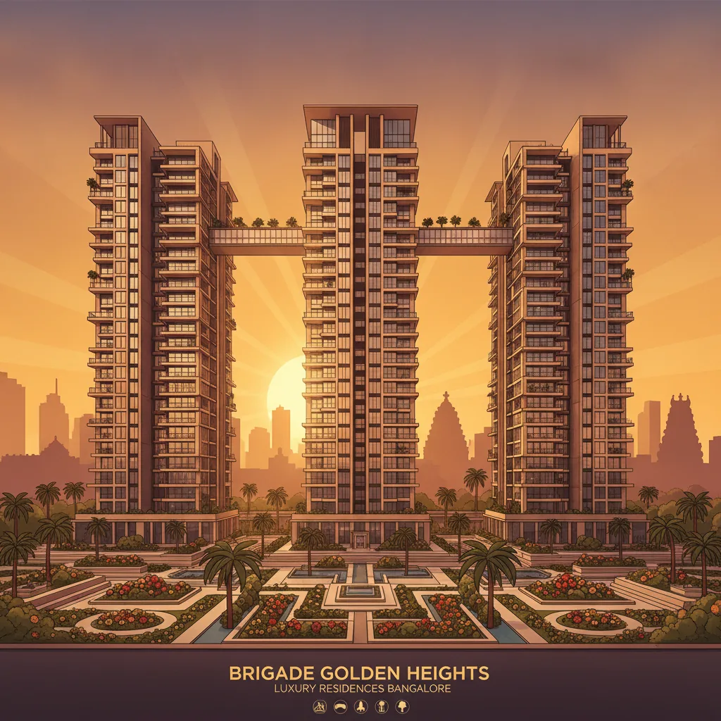 Modern luxury residential high-rise apartment complex at sunset, Brigade Golden Heights style architecture with warm golden lighting