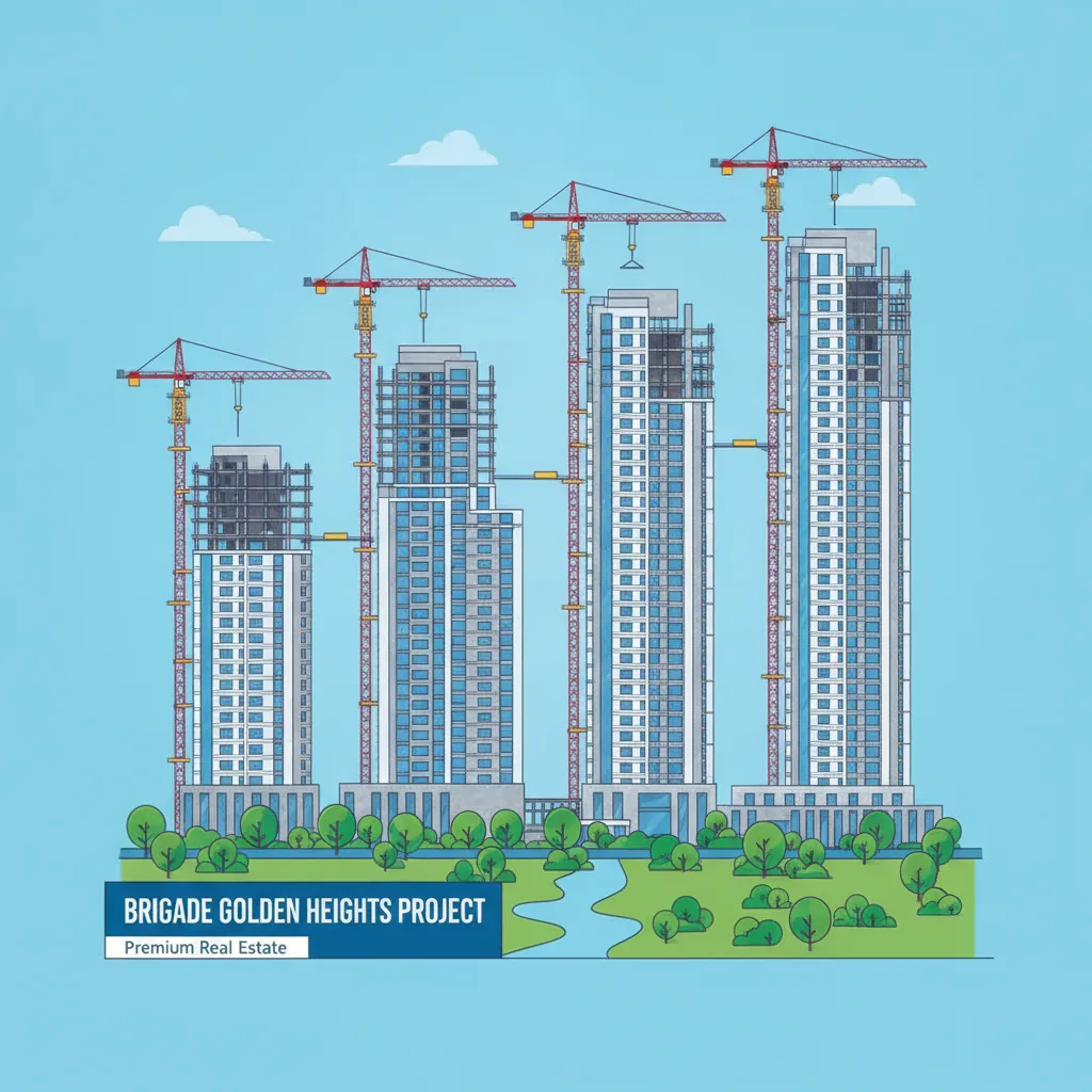 Brigade Golden Heights Project Status - Modern luxury high-rise residential apartment construction site in Bangalore with cranes and green landscaping