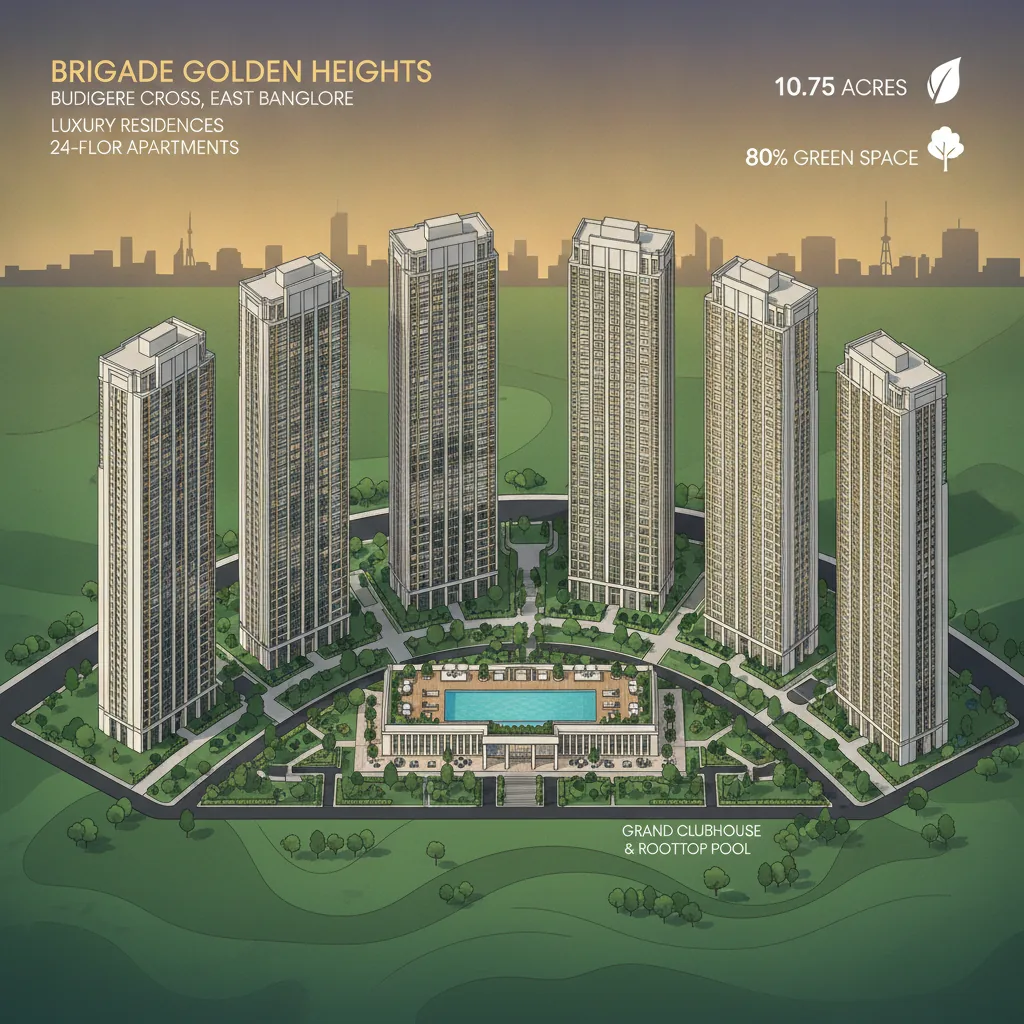 Brigade Golden Heights luxury residential high-rise towers at Budigere Cross, East Bangalore with green gardens and clubhouse