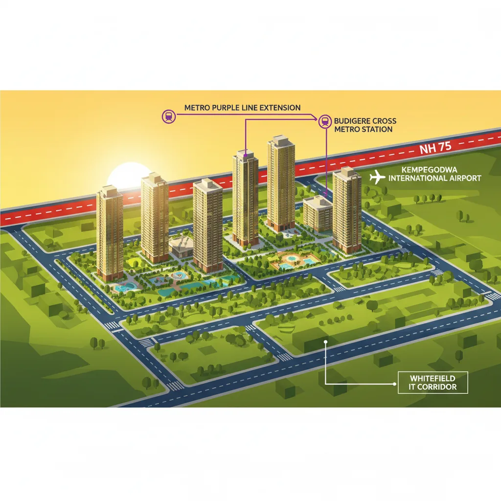 Brigade Golden Heights Strategic Road Network - Aerial view of luxury residential towers with connectivity features