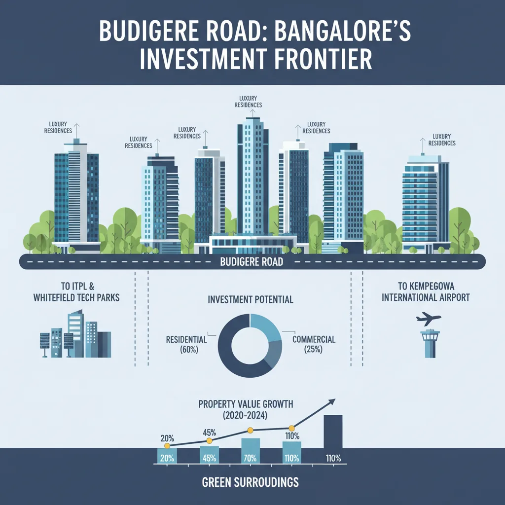 Modern real estate investment infographic showing Budigere Road Bangalore corridor with luxury high-rise residential towers and property growth visualization